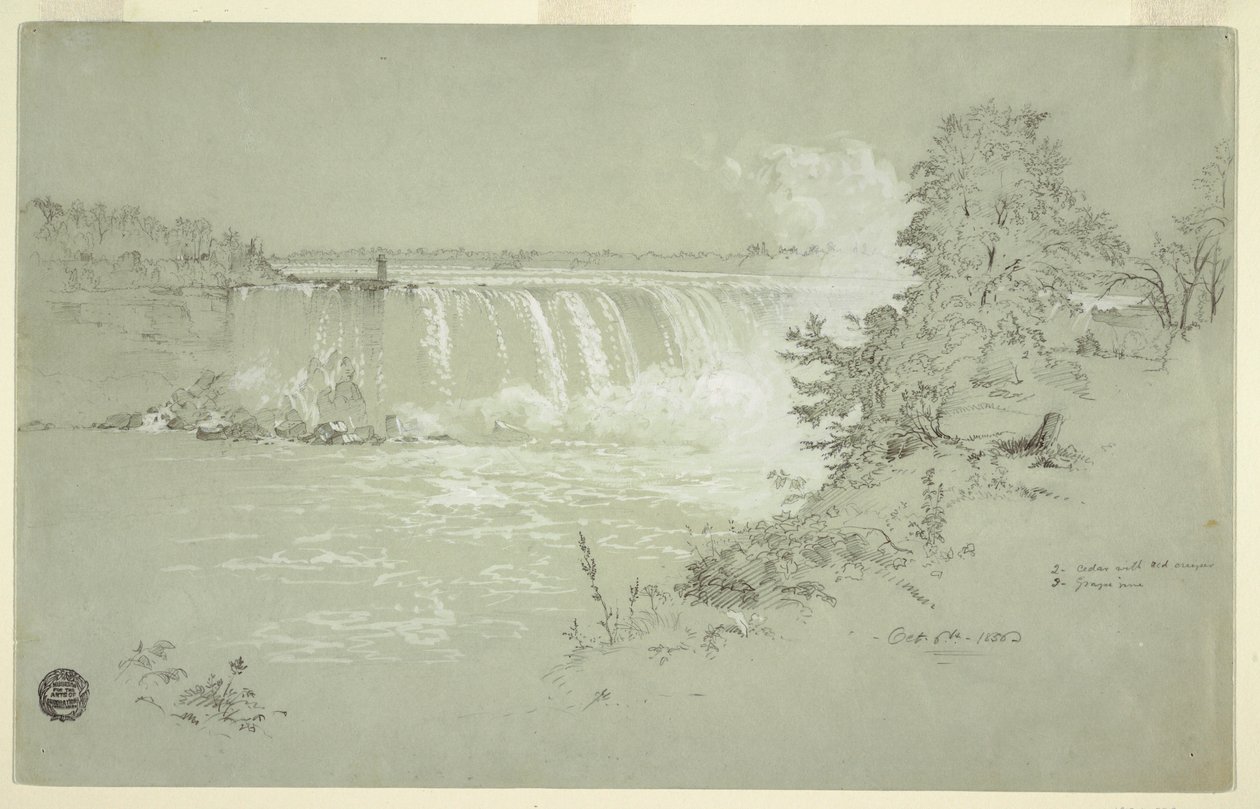 Piirros, Hevosenkengän putoukset ja vuohisaari Kanadan pankista, 6. lokakuuta 1856. tekijältä Frederic Edwin Church