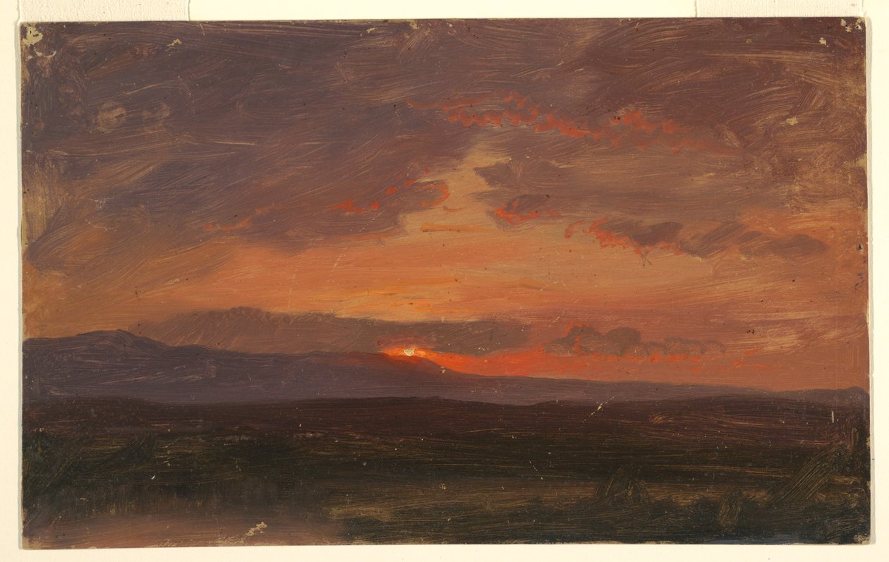 Piirros, Hudsonin laakso, New York, aurinko laskee Catskill-vuorten taakse, 1855-65. tekijältä Frederic Edwin Church