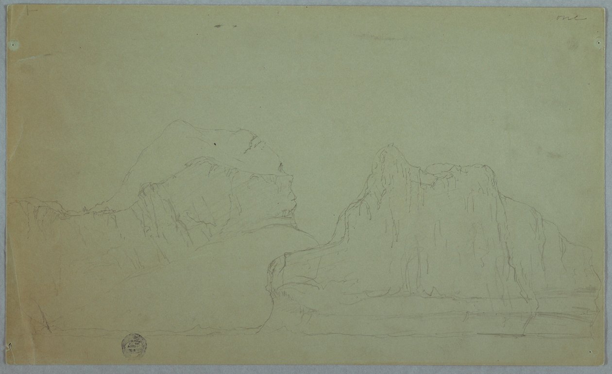 Piirros, jäävuori ja kaksi huippua, kesä- tai heinäkuu 1859. tekijältä Frederic Edwin Church