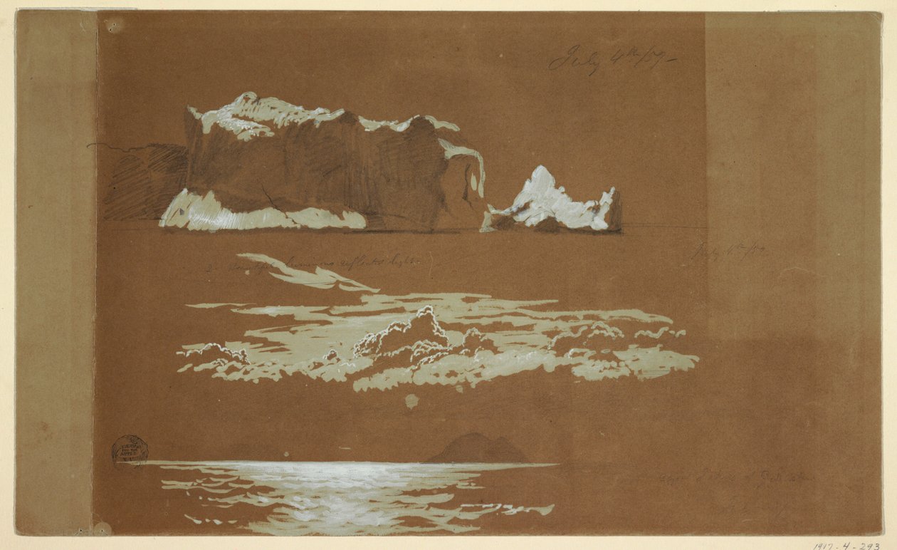 Piirros, Jäävuoria lähellä Cape St. Johnia ja Gull Islandia, Newfoundland, 4. heinäkuuta 1859. tekijältä Frederic Edwin Church
