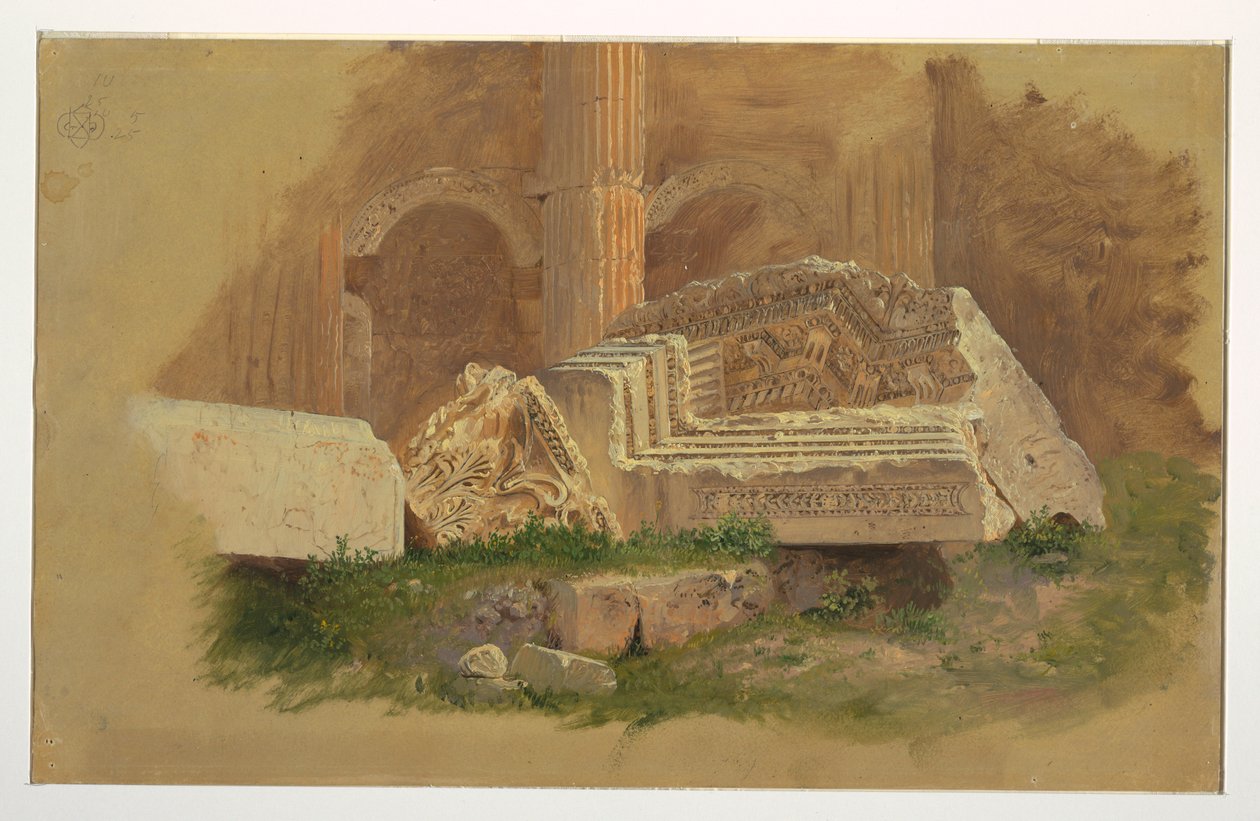 Piirros, Bacchuksen temppelin sisätilat, Baalbek, toukokuu 1868. tekijältä Frederic Edwin Church