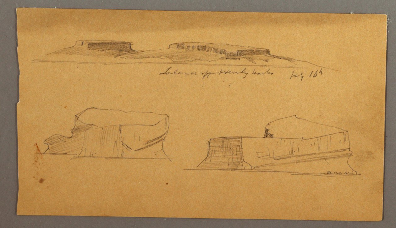 Piirros, Henlyn sataman edustalla oleva saari ja kaksi kelluvaa jäävuorta, 16. heinäkuuta 1859. tekijältä Frederic Edwin Church