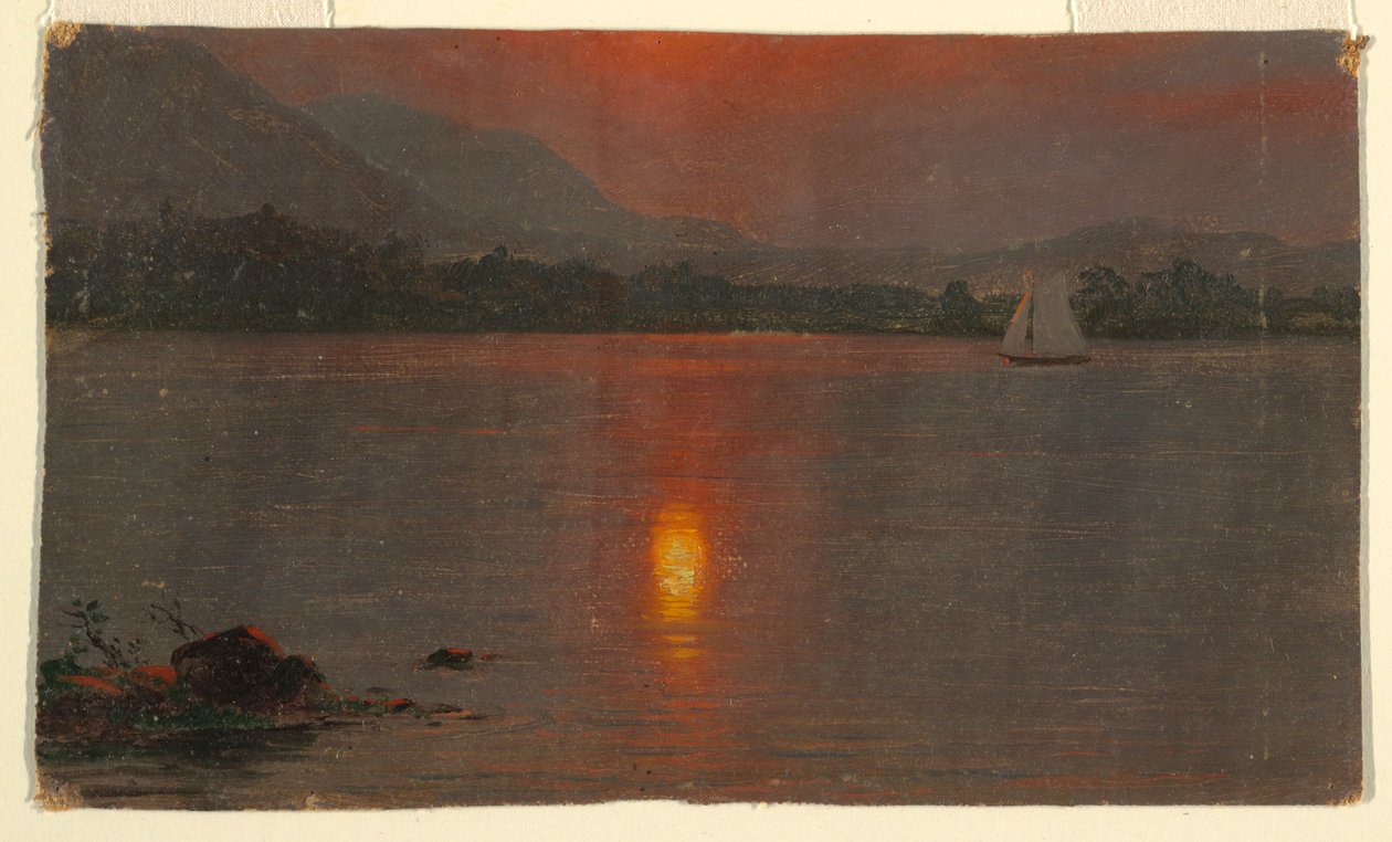 Piirros, Millinocket-järvi, auringonlasku, 1870-80. tekijältä Frederic Edwin Church