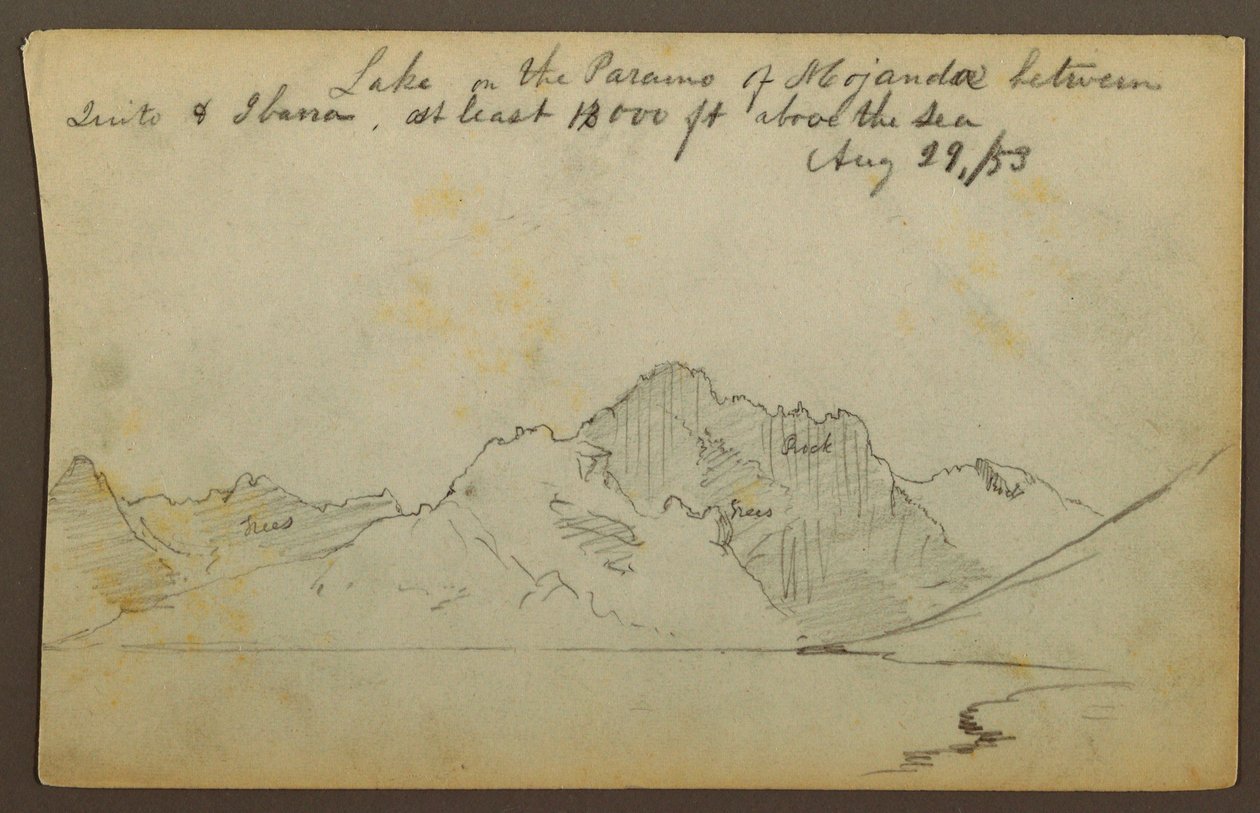 Piirros, järvi, Mojandan autiomaa, Ecuador, 29. elokuuta 1853. tekijältä Frederic Edwin Church