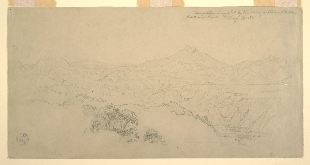 Piirustus, Maisemakompositio: Kolumbian Pason ja Ecuadorin Quiton välisen tien maisemien perusteella, 26. elokuuta 1853. tekijältä Frederic Edwin Church