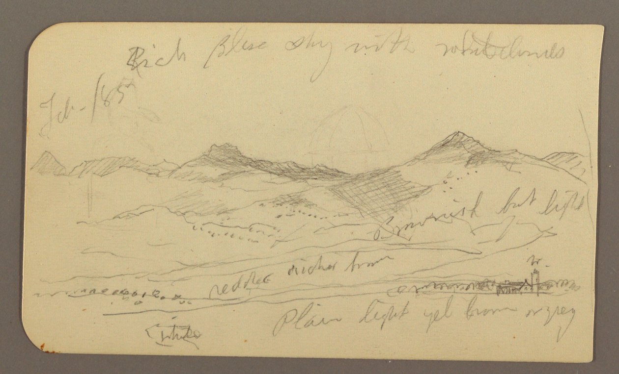 Piirros, maisema, taloja; Kääntöpuoli: puun latva, helmikuu 1885. tekijältä Frederic Edwin Church