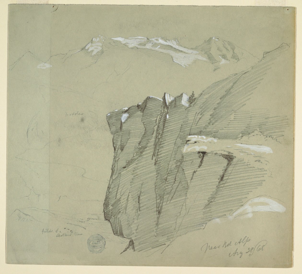 Piirros, Maisema Bernin Alpeilla, 28. elokuuta 1868. tekijältä Frederic Edwin Church