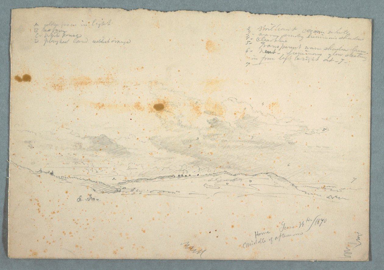 Piirros, Maisema Hudsonin laaksossa; kääntöpuoli: Luonnos puukirkosta, 14. kesäkuuta 1870. tekijältä Frederic Edwin Church