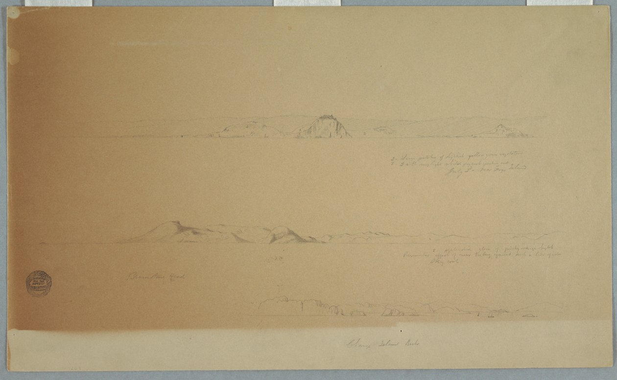 Piirros, Maisema Fogon saaren lähellä, Brimstone, Head, Change Island Rocks, 2. heinäkuuta 1869. tekijältä Frederic Edwin Church