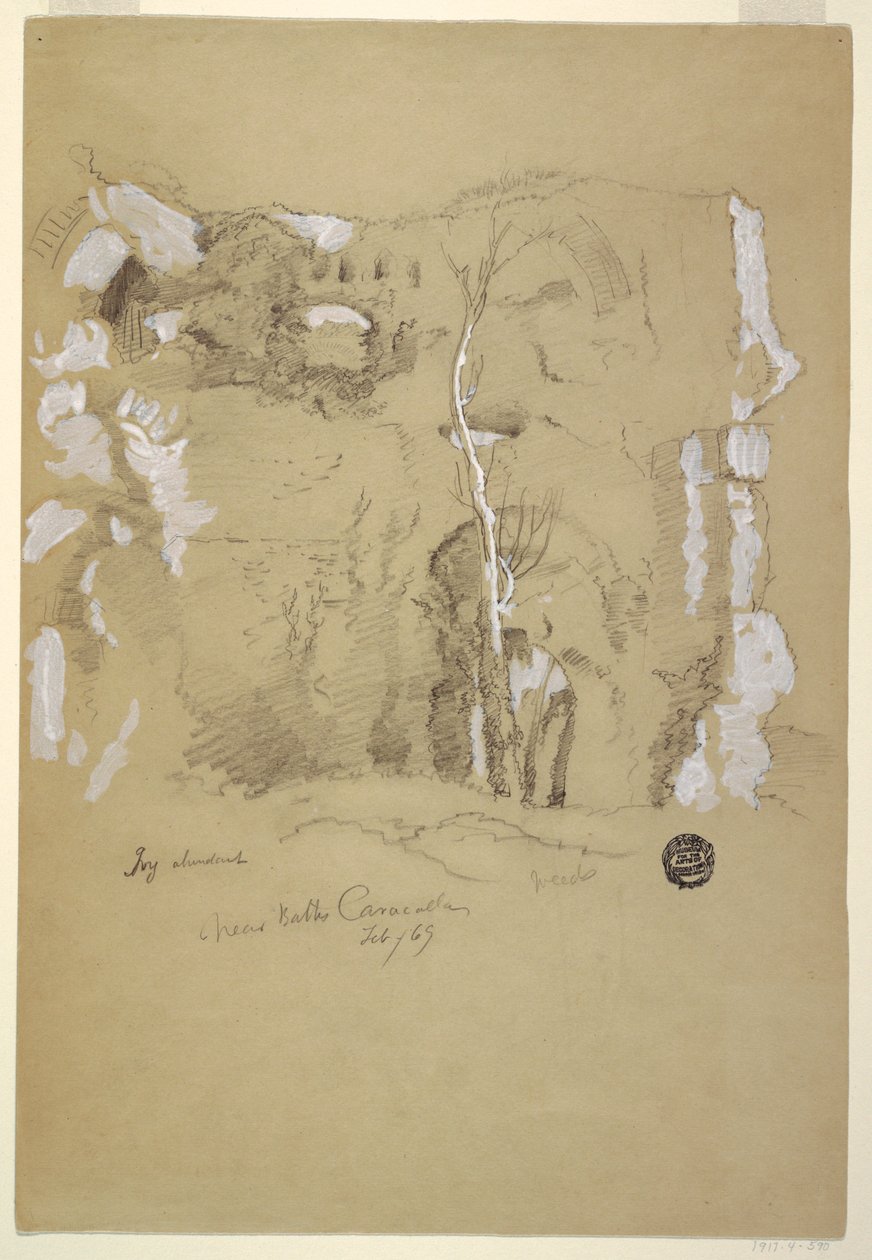 Piirros, Maisema Caracallan kylpylän lähellä, Rooma, helmikuu 1869. tekijältä Frederic Edwin Church