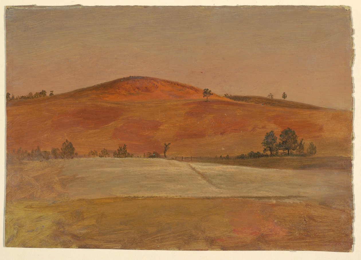 Piirustus, Maisema, jossa on matala kukkula ja peltoja, 1870-80 tekijältä Frederic Edwin Church