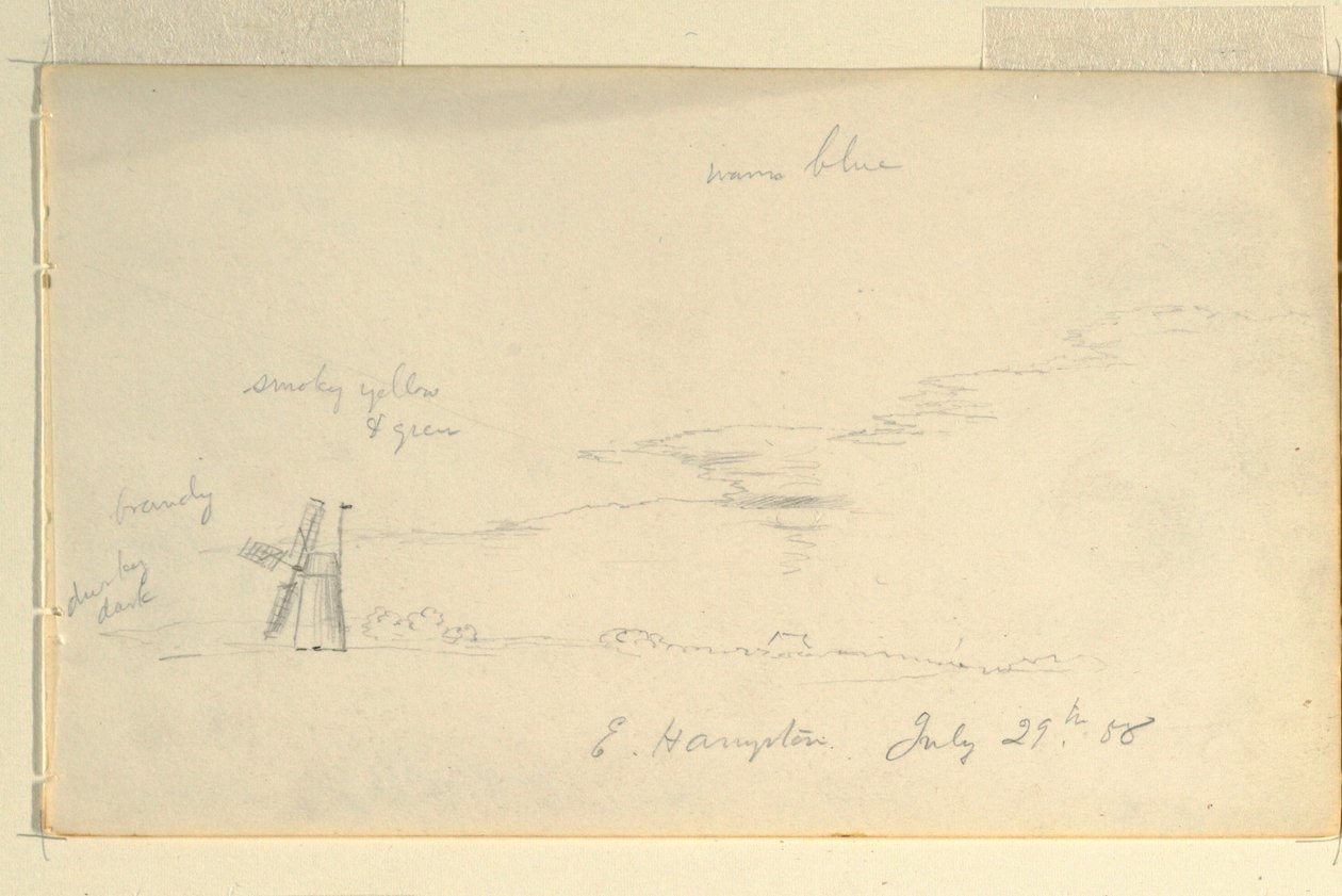 Piirustus, Maisema tuulimyllyineen, 29. heinäkuuta 1858. tekijältä Frederic Edwin Church