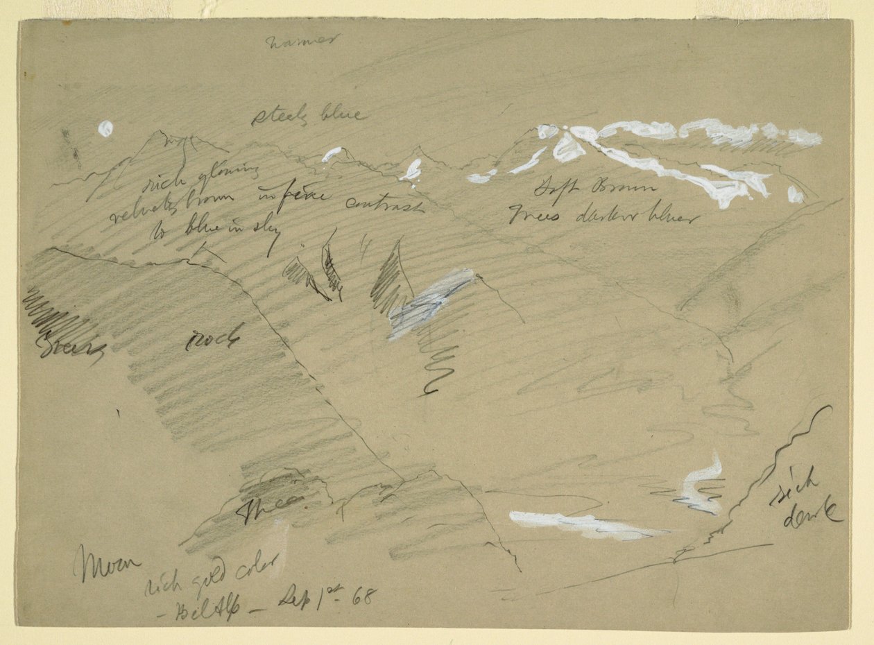 Piirros, Maisemia Bernin Alpeilla, Bel Alpin lähellä, Sveitsi, syyskuu 1868. tekijältä Frederic Edwin Church