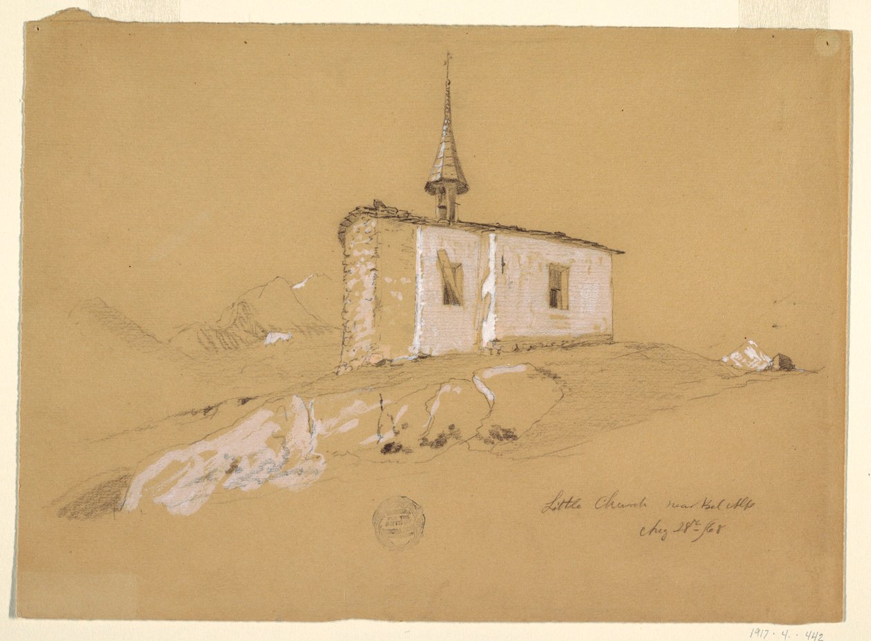 Piirros, "Pieni kirkko Bel Arpin lähellä", Bernin Alpit, Sveitsi, 28. elokuuta 1868. tekijältä Frederic Edwin Church