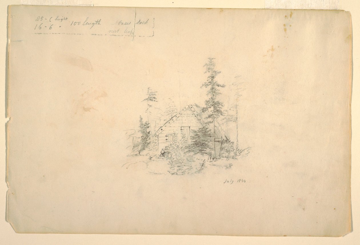 Piirros, puiden ympäröimä hirsimökki, heinäkuu 1844 tekijältä Frederic Edwin Church