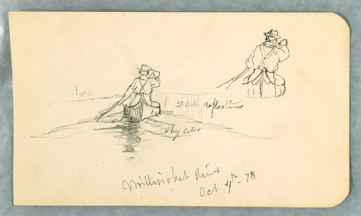 Piirros, Mies meloo kanootilla Millinoket [sic] -joella, 4. lokakuuta 1878. tekijältä Frederic Edwin Church