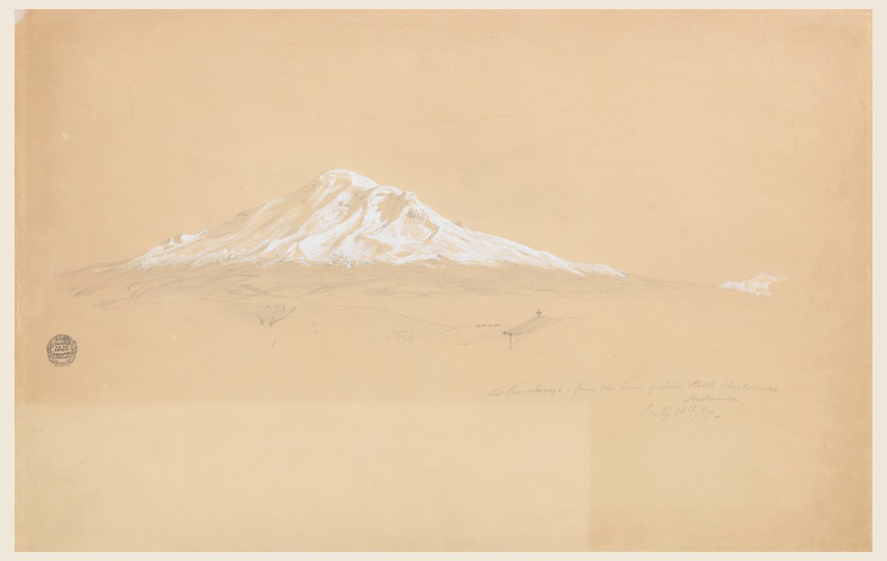 Piirros, Chimborazo-vuori vanhempi Pablo Bustamanten talosta, Riobamba, Ecuador, 14. heinäkuuta 1857. tekijältä Frederic Edwin Church