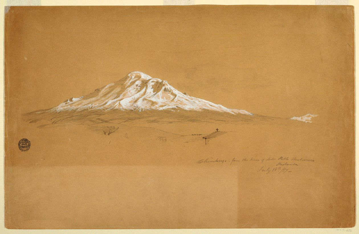 Piirros, Chimborazo-vuori vanhempi Pablo Bustamanten talosta, Riobamba, Ecuador, 14. heinäkuuta 1857. tekijältä Frederic Edwin Church