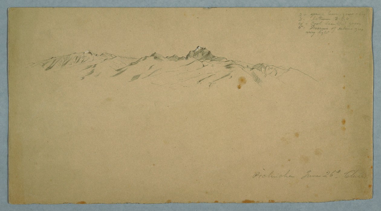 Piirros, Pichincha-vuori Chillosta, Ecuador, 26. kesäkuuta 1857. tekijältä Frederic Edwin Church