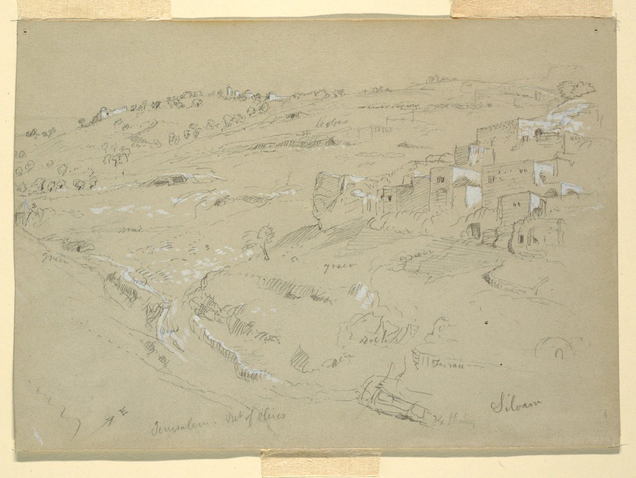 Piirros, Öljymäki, Betania, Siloam ja Jerusalem, Palestiina [Betania ja Silwan, Itä-Jerusalem ja Jerusalem, Israel], 7. ja 10. helmikuuta 1868. tekijältä Frederic Edwin Church