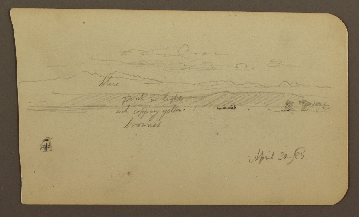 Piirros, vuoristomaisema, hahmo; Kääntöpuoli: Maisema, 30. huhtikuuta 1885. tekijältä Frederic Edwin Church