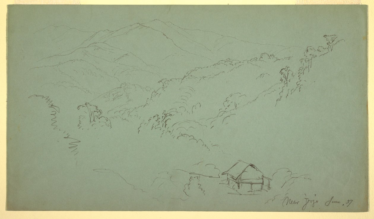 Piirros, vuoristomaisema, talo, "Jorjen lähellä", Ecuador, kesäkuu 1857. tekijältä Frederic Edwin Church