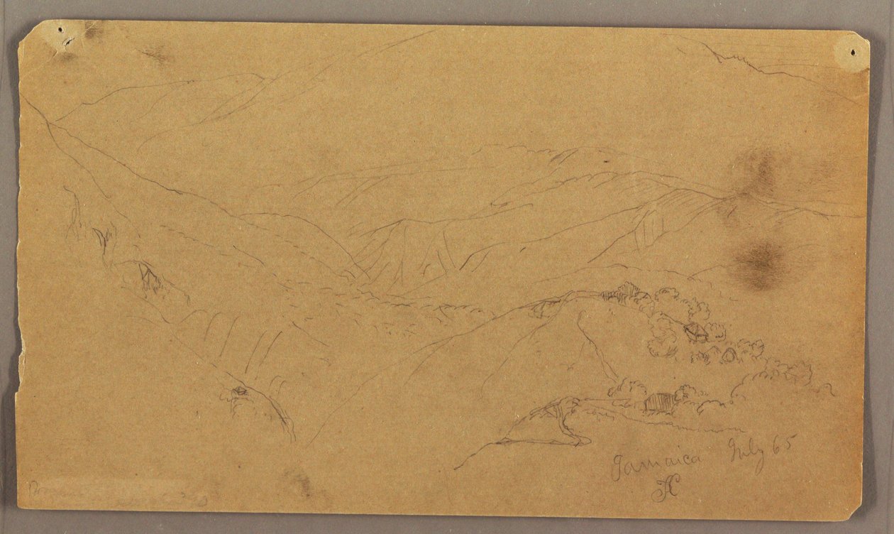 Piirros, vuoristomaisema, Jamaika, Länsi-Intia, heinäkuu 1865. tekijältä Frederic Edwin Church