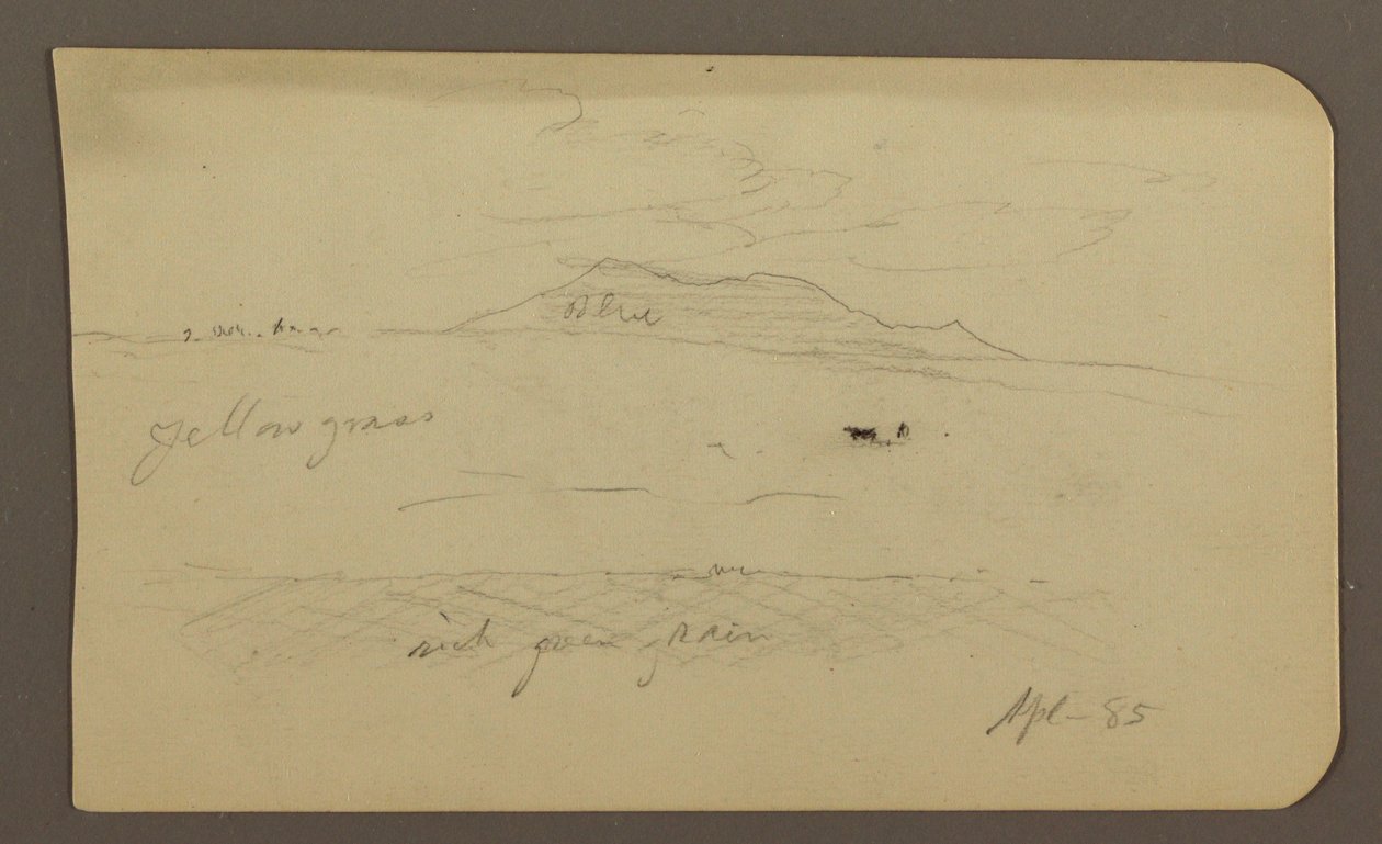 Piirros, vuoristomaisema; Kääntöpuoli: kirkko ja kupoli, huhtikuu 1885. tekijältä Frederic Edwin Church