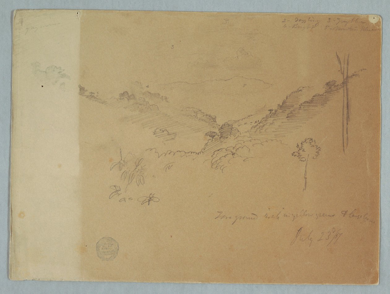 Piirros, Vuoristomaisema lähellä Jorjea, Ecuador, 23. heinäkuuta 1857. tekijältä Frederic Edwin Church