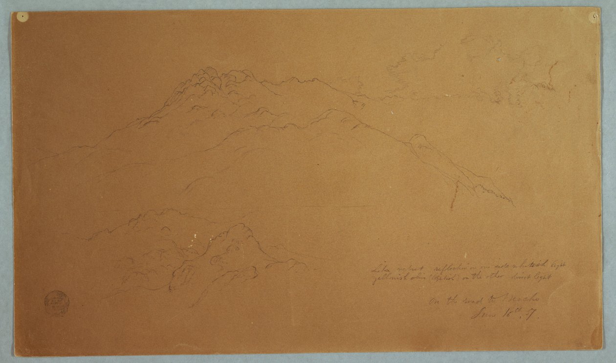 Piirros, Vuoristomaisema Mochon tiellä, Ecuador, 16. kesäkuuta 1857. tekijältä Frederic Edwin Church