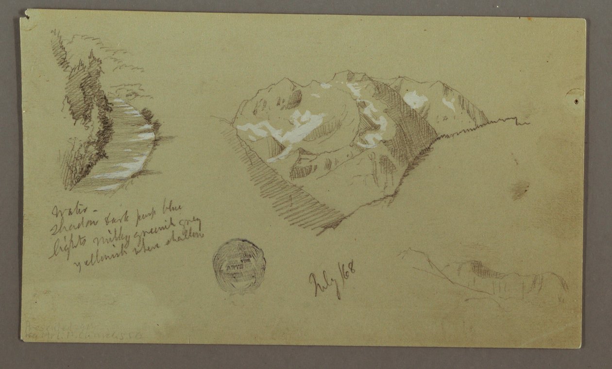 Piirros, Vuorenhuiput, joki, heinäkuu 1868 tekijältä Frederic Edwin Church