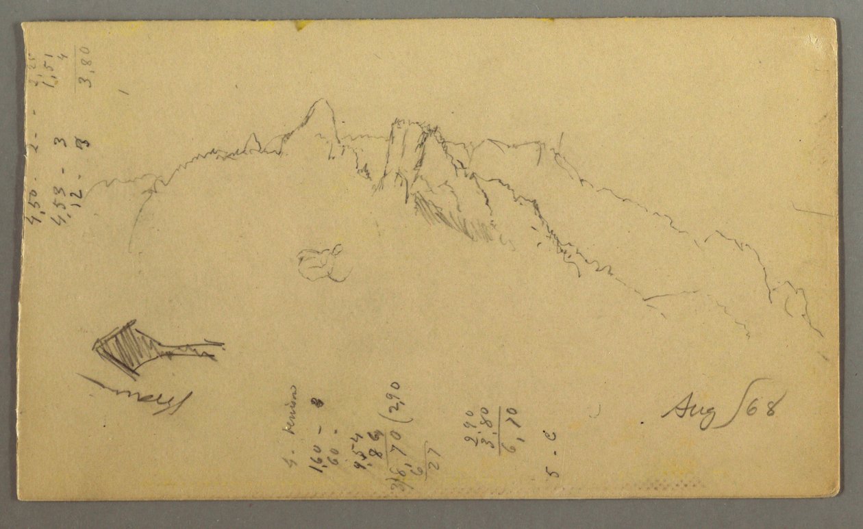 Piirros, Vuorenhuiput, tienvarsipyhäkkö, elokuu 1868. tekijältä Frederic Edwin Church