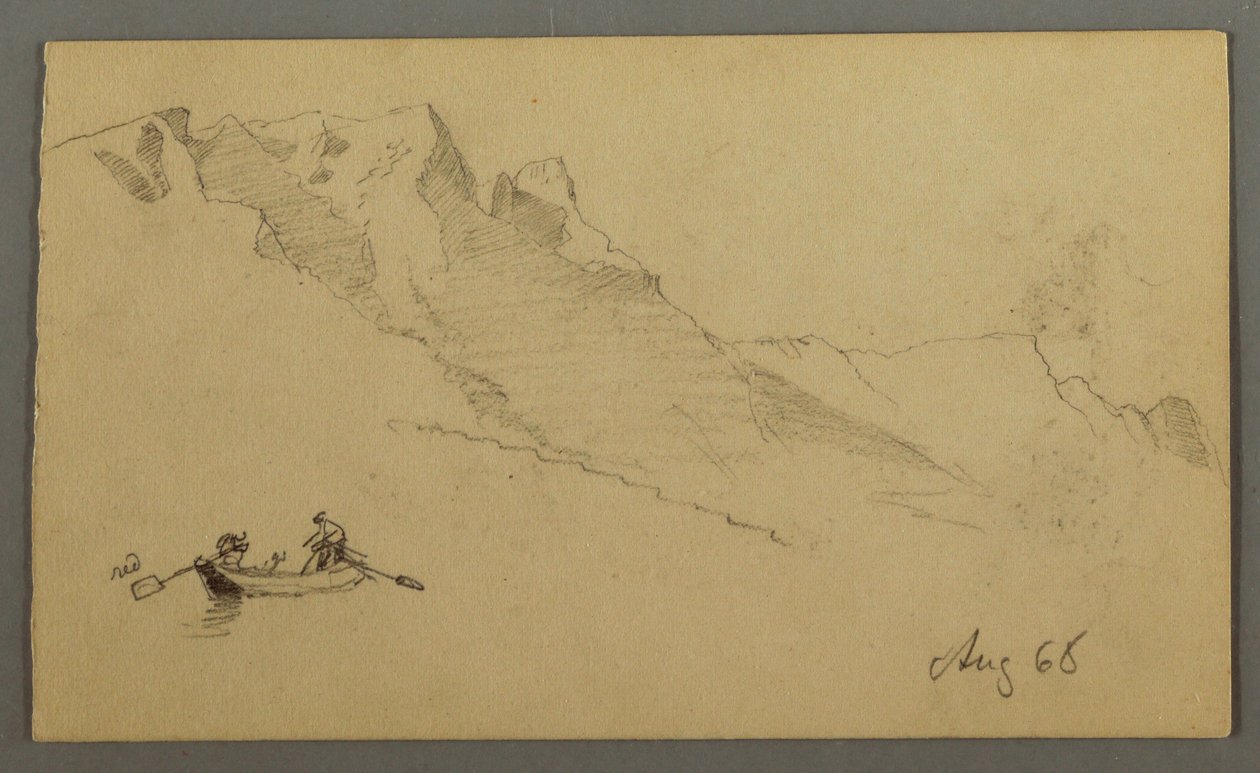 Piirros, Vuorenhuiput, kaksi hahmoa soutuveneessä, elokuu 1868. tekijältä Frederic Edwin Church