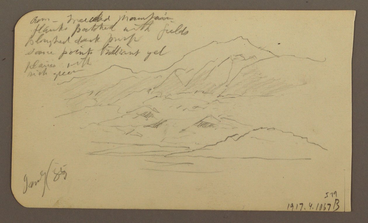 Piirros, Vuoristo, Toluca; Kääntöpuoli: Vuoristo, Toluca, 7. tammikuuta 1885. tekijältä Frederic Edwin Church