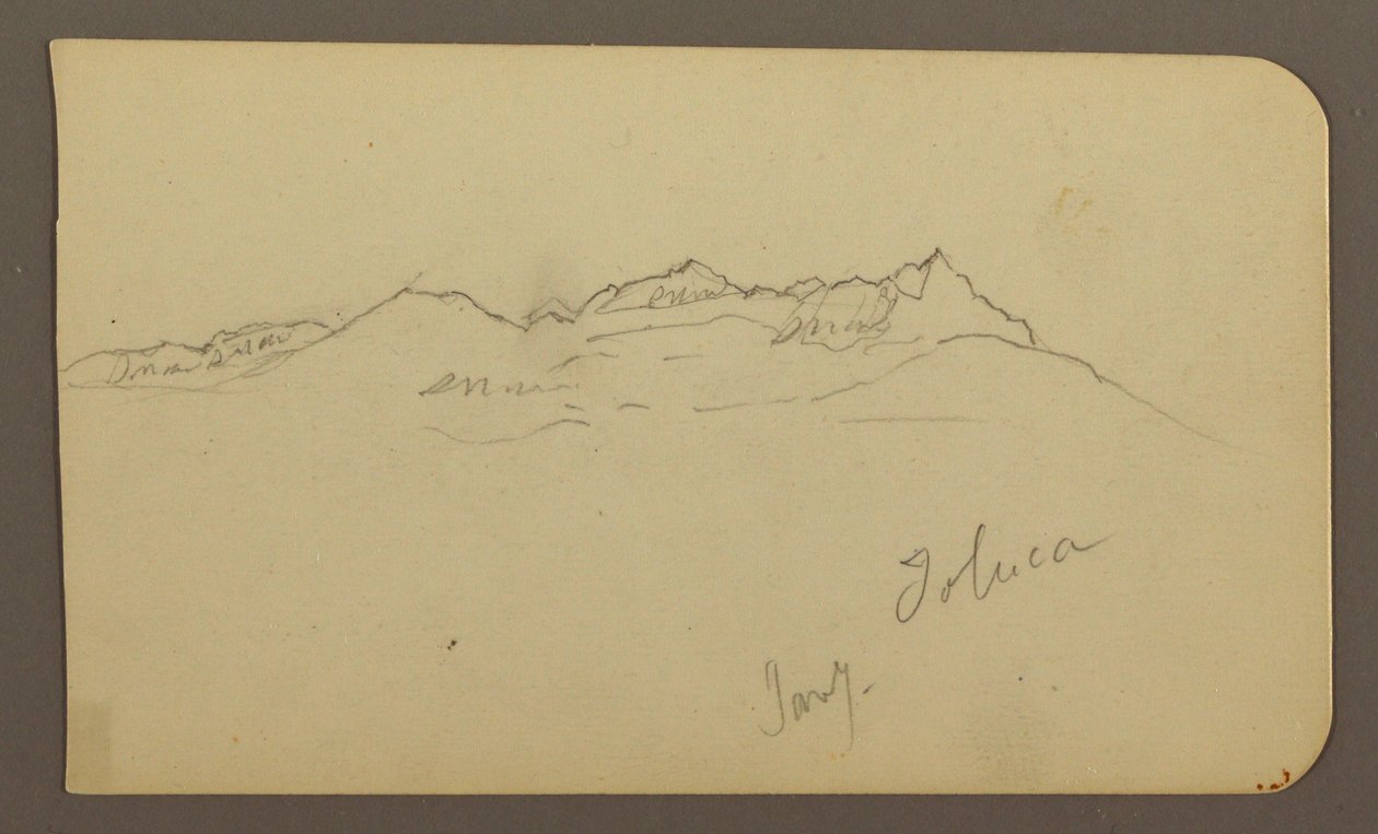 Piirros, Vuoristo, Toluca; Kääntöpuoli: Jyrkkä, Vuoristo, Toluca, 7. tammikuuta 1885. tekijältä Frederic Edwin Church