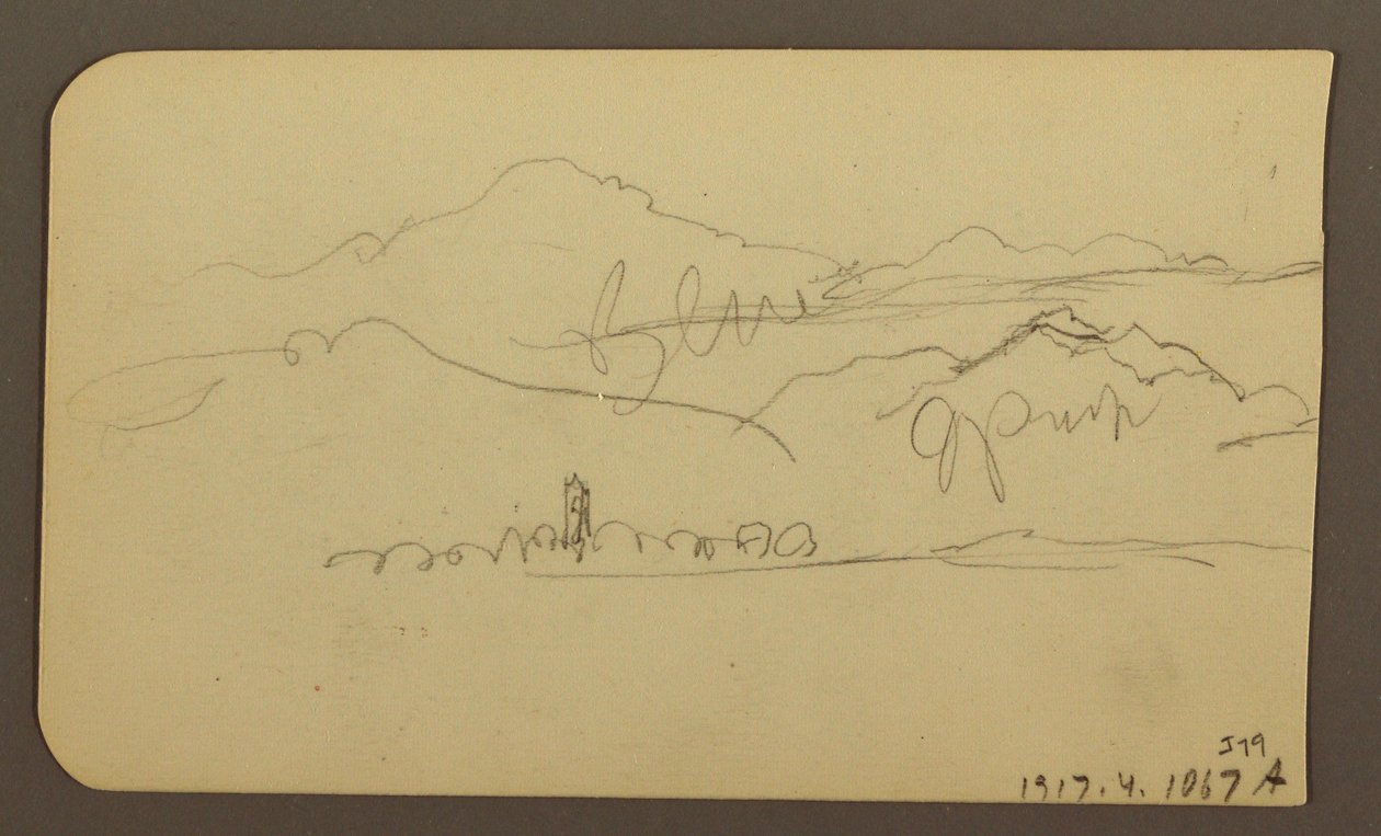 Piirros, Vuoristo, Toluca; Kääntöpuoli: Jyrkkä, Vuoristo, Toluca, 7. tammikuuta 1885. tekijältä Frederic Edwin Church