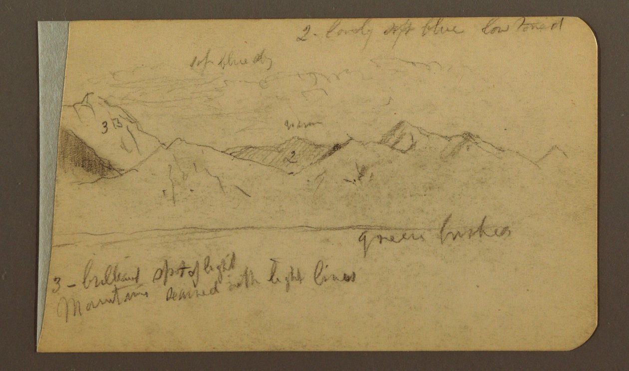Piirros, Vuoristo; Kääntöpuoli: Vuoret, pilvinen taivas, 1889 tekijältä Frederic Edwin Church