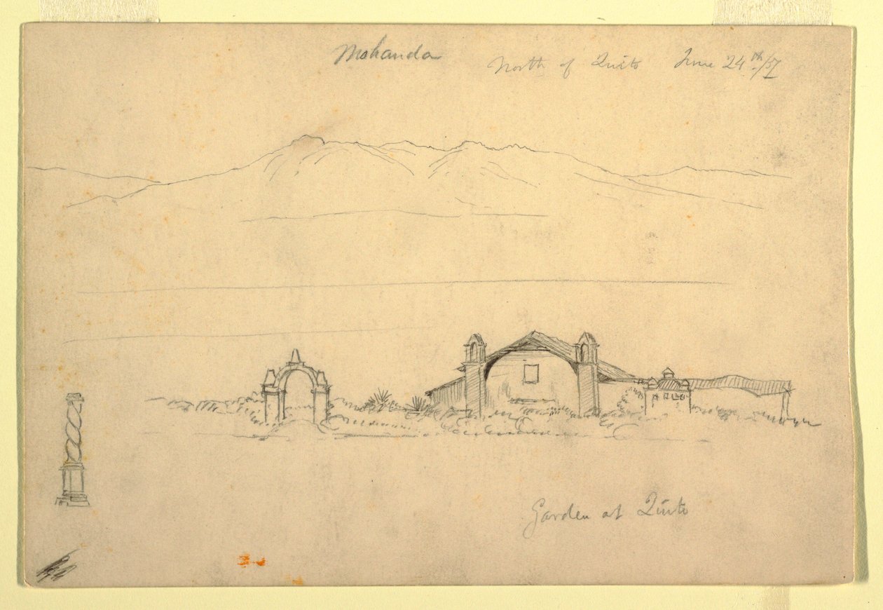 Piirros, Vuoristo ja Mohanda, Quito () pohjoispuolella, 24. kesäkuuta 1857. tekijältä Frederic Edwin Church