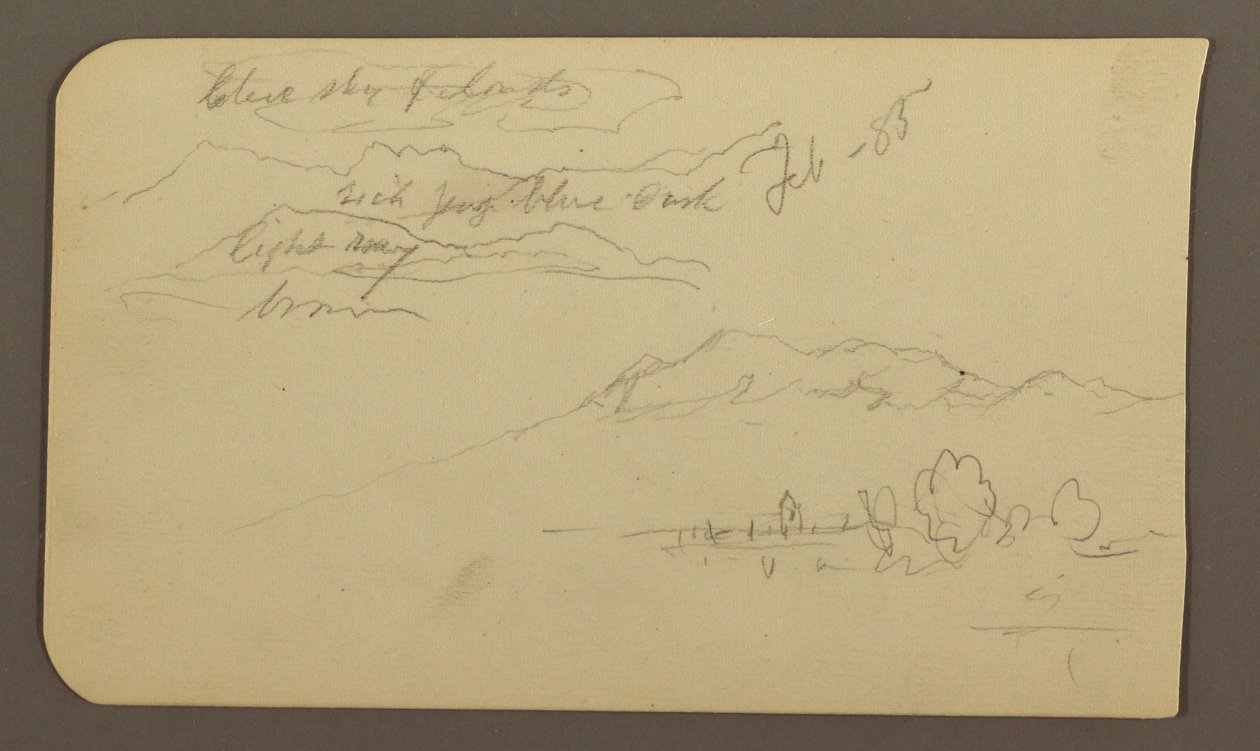 Piirros, Vuoristoalueet, Cuautla, kirkko; Kääntöpuoli: Kyyhöttävä hevonen, maisemamerkintöjä, helmikuu 1885. tekijältä Frederic Edwin Church