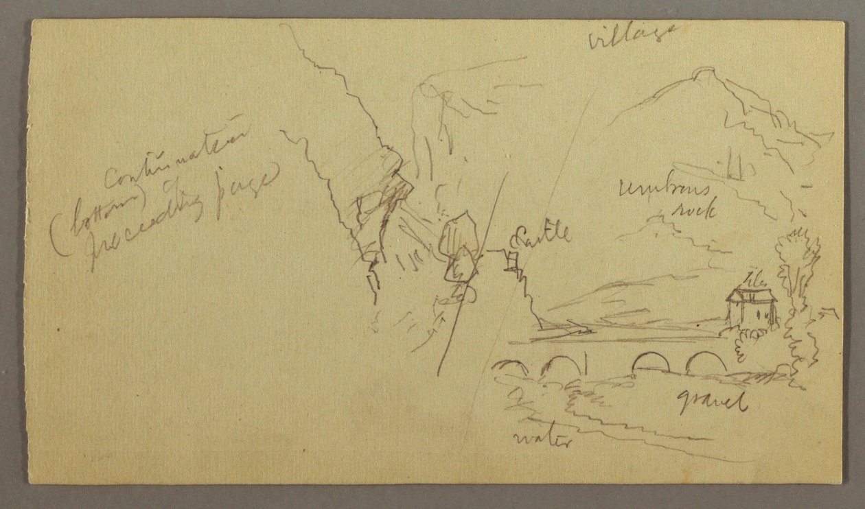 Piirros, Vuorilaakso, silta, rakennuksia, mahdollisesti 1868-69 tekijältä Frederic Edwin Church