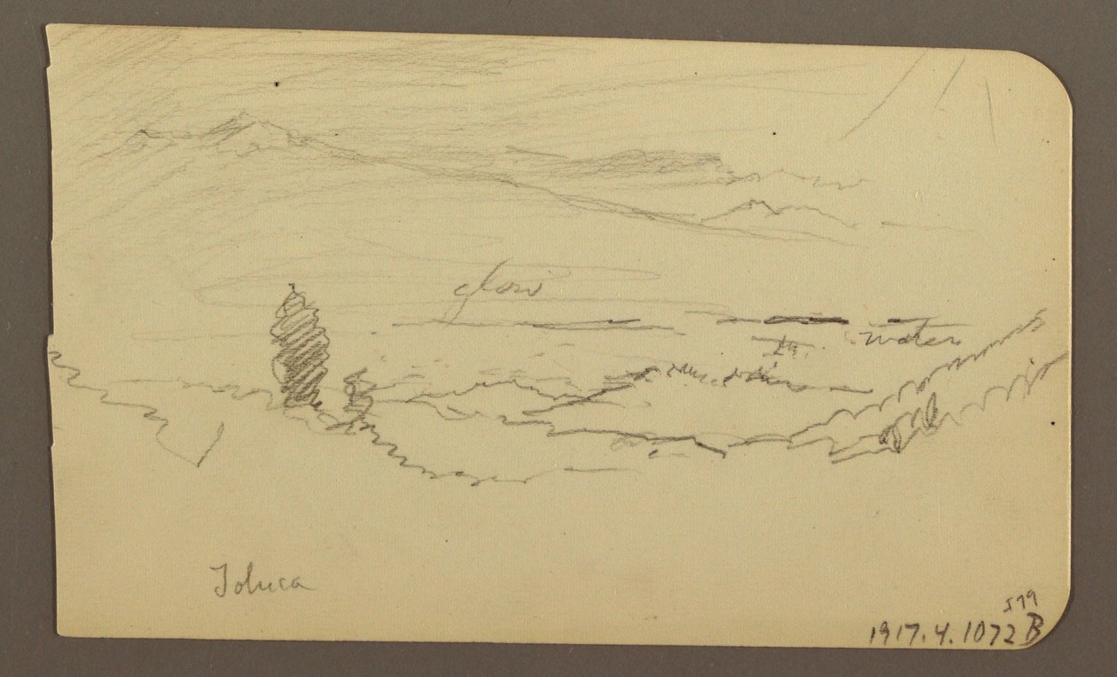 Piirros, Vuoristomaisema, Toluca; Kääntöpuoli: Vuori, Toluca, 20. huhtikuuta 1885. tekijältä Frederic Edwin Church
