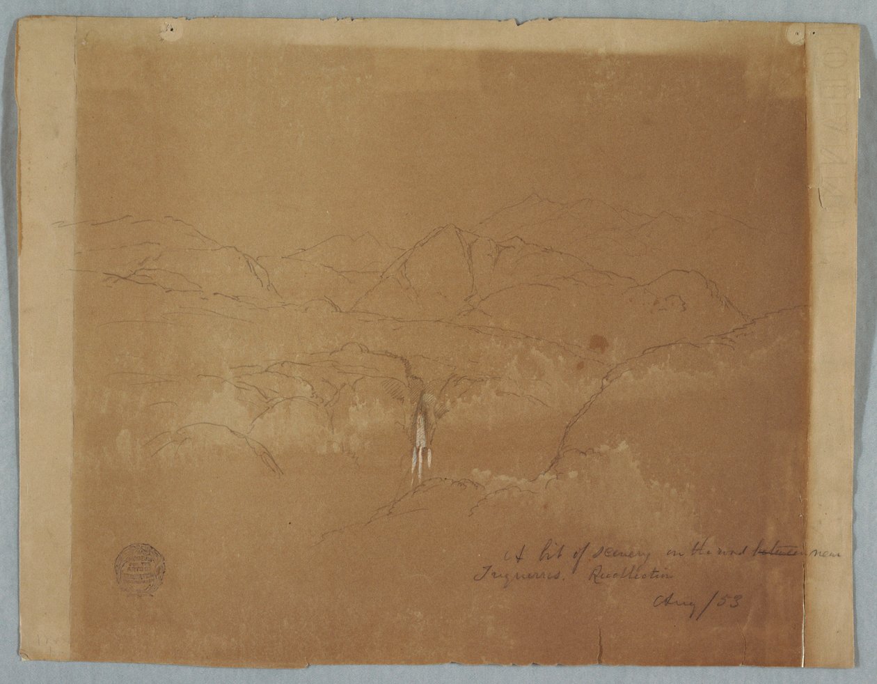 Piirros, Vuoristomaisema vesiputouksen kanssa, lähellä Tuquerresia, Kolumbia, elokuu 1853. tekijältä Frederic Edwin Church