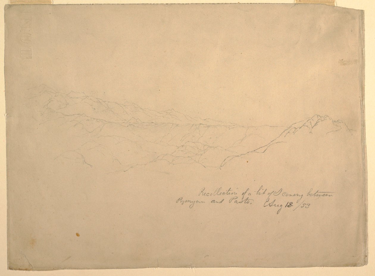 Piirros, Vuoristomaisema Popayanin ja Paston välillä, Kolumbia, 13. elokuuta 1853. tekijältä Frederic Edwin Church