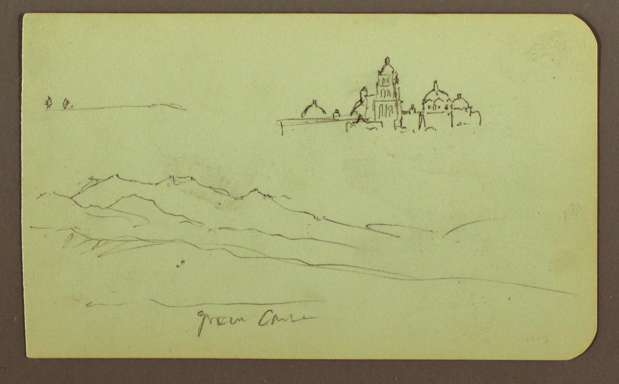 Piirros, Vuoret, kirkko; Kääntöpuoli: Hahmot, kirkko, 1883. tekijältä Frederic Edwin Church