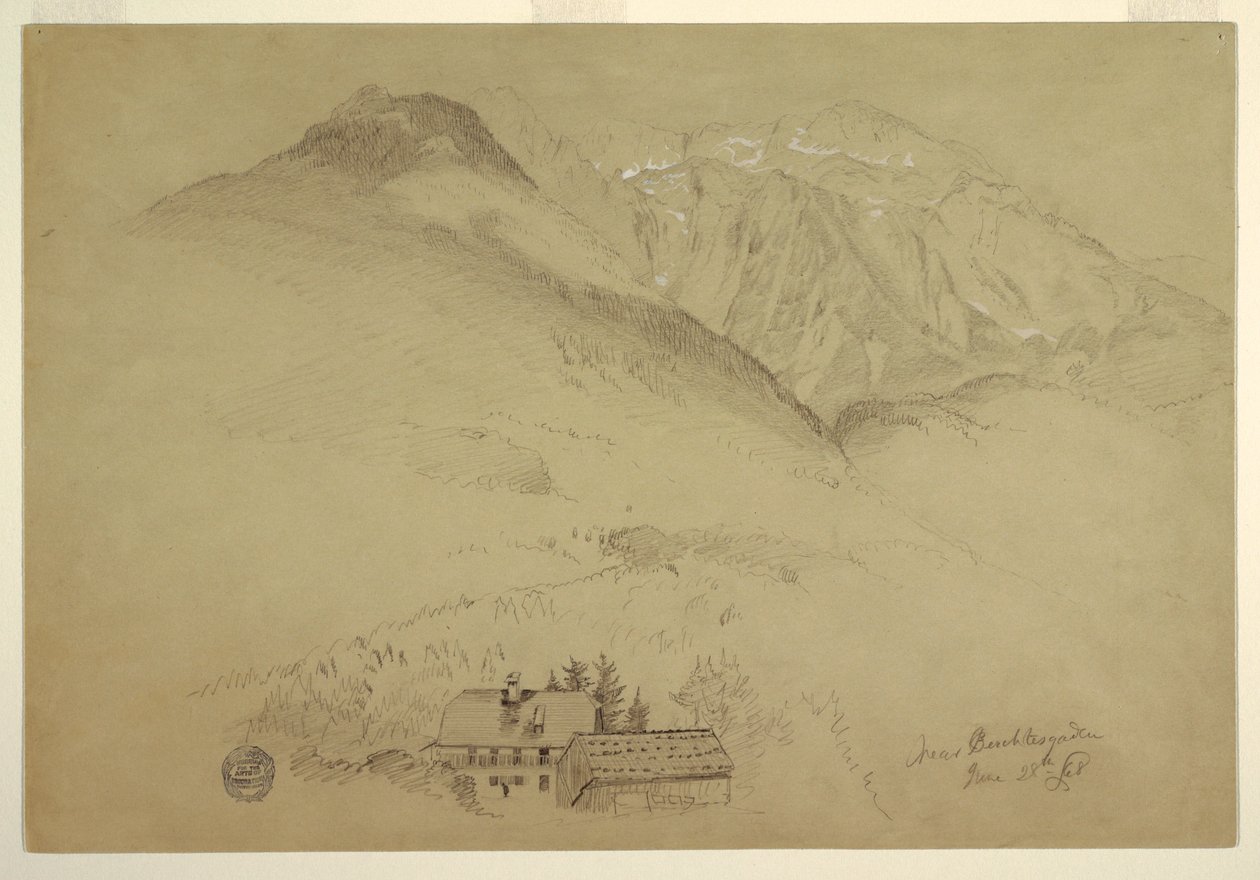 Piirros, Goellin ja Brettin vuoret lähellä Berchtesgardenia, Baijeri, 28. kesäkuuta 1868. tekijältä Frederic Edwin Church