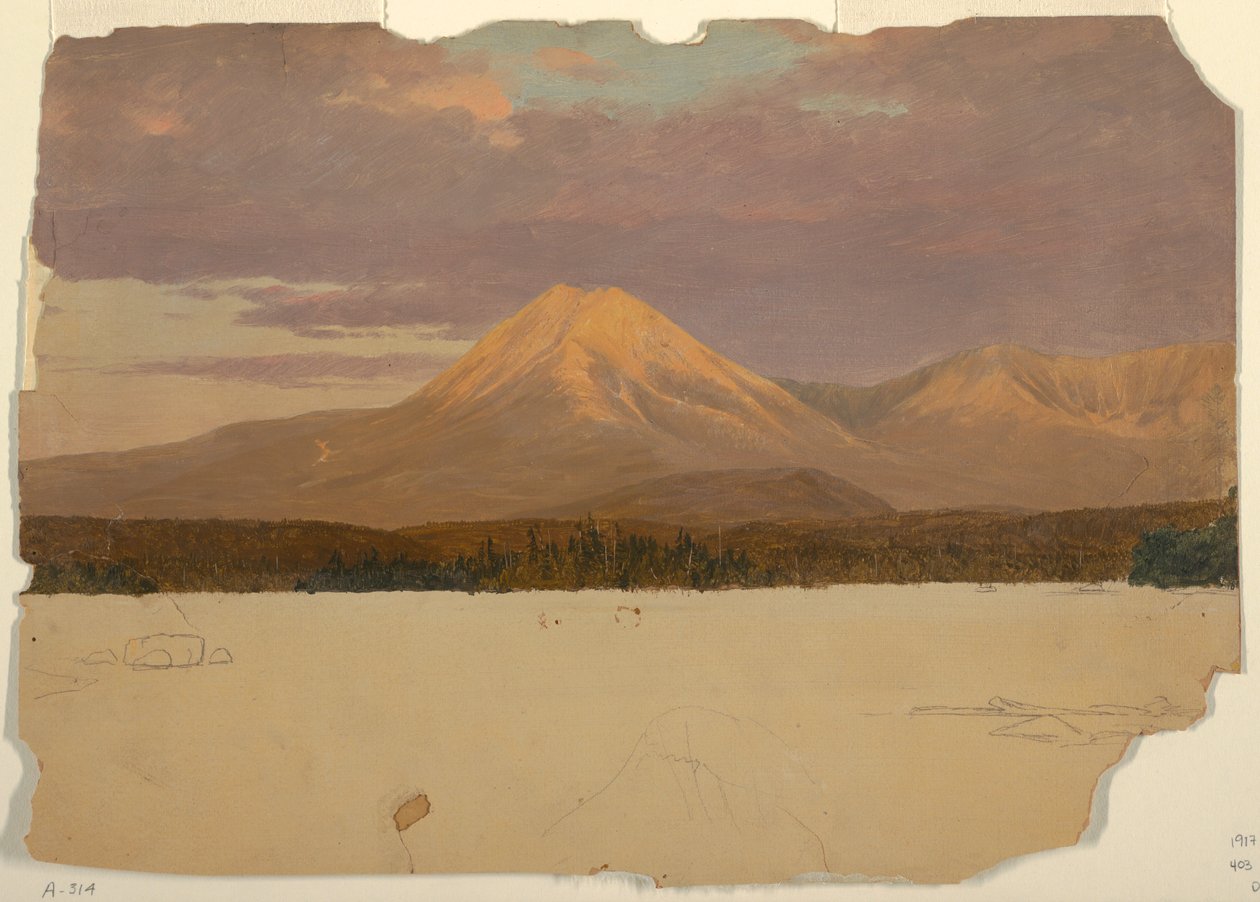 Piirros, Katahdin-vuori Katahdinjärveltä, 1878. tekijältä Frederic Edwin Church