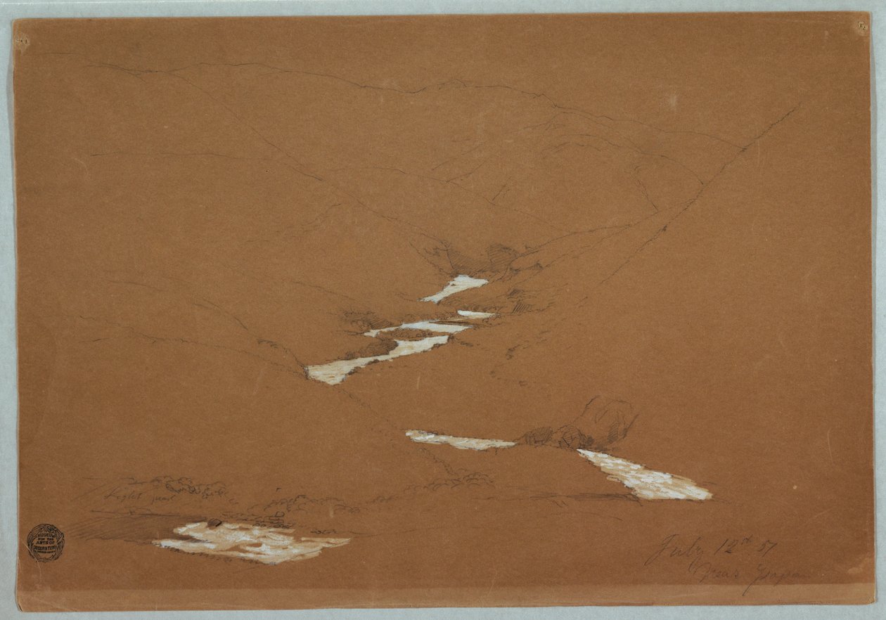Piirros, Kapea vuoristolaakso ja kaskadipuro lähellä Ysapania, Ecuador, 12. heinäkuuta 1857. tekijältä Frederic Edwin Church