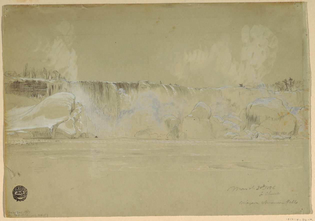 Piirros, Niagaran putoukset lumessa, luoteesta, 20. maaliskuuta 1856. tekijältä Frederic Edwin Church