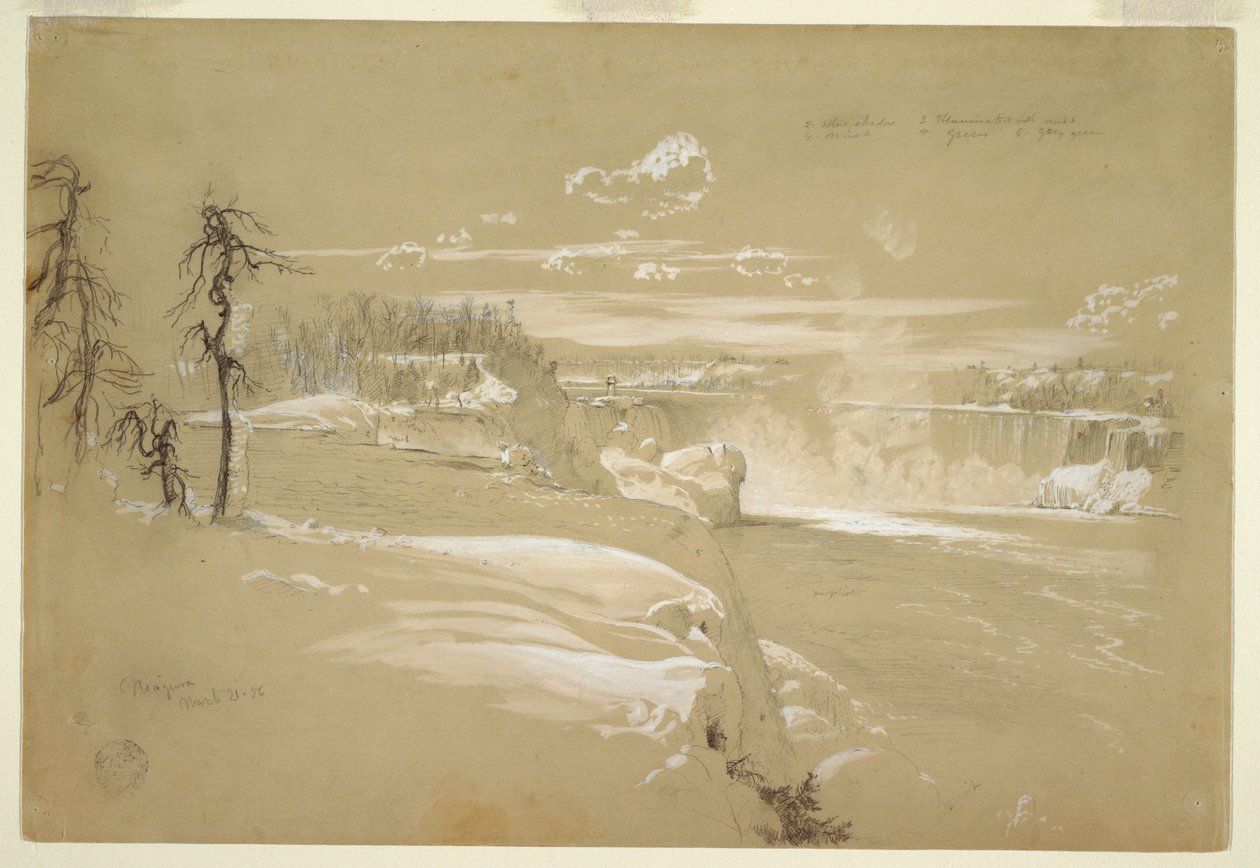 Piirros, Niagaran putoukset talvella, 21. maaliskuuta 1856. tekijältä Frederic Edwin Church