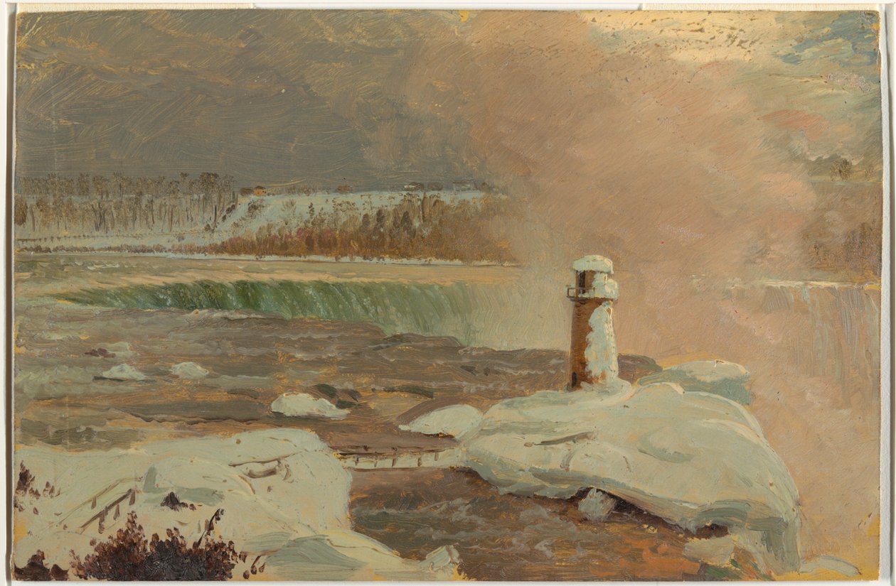 Piirros, Niagara-joki ja putoukset lumessa, maaliskuu 1856. tekijältä Frederic Edwin Church